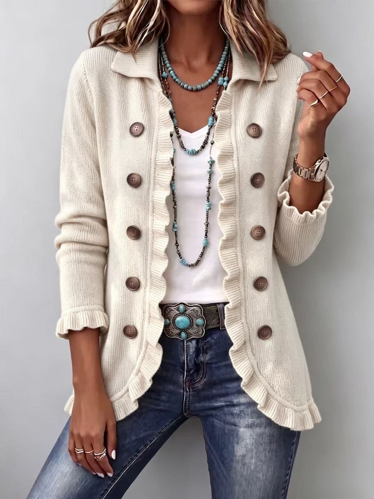 Adelina - Chaqueta de Punto Marfil con Volantes