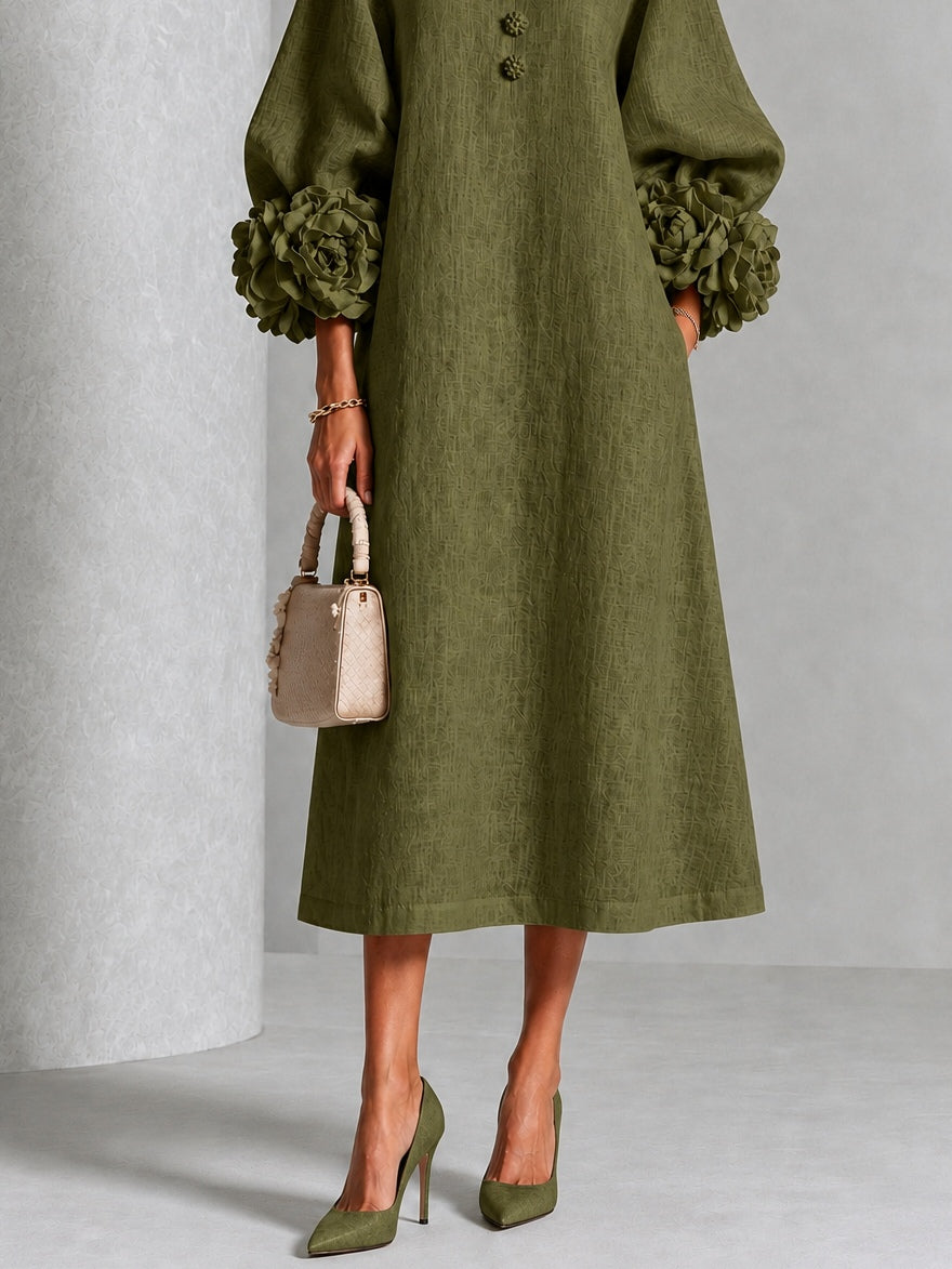 Vestido Midi con Botones de Flores y Mangas Florales Extravagantes