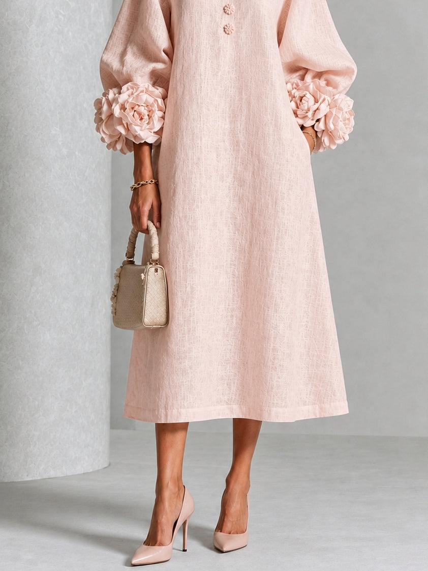 Vestido Midi con Botones de Flores y Mangas Florales Extravagantes