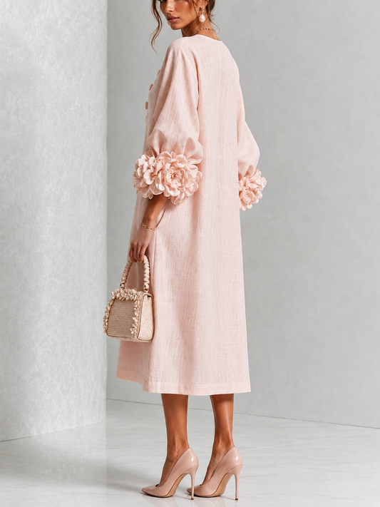 Vestido Midi con Botones de Flores y Mangas Florales Extravagantes