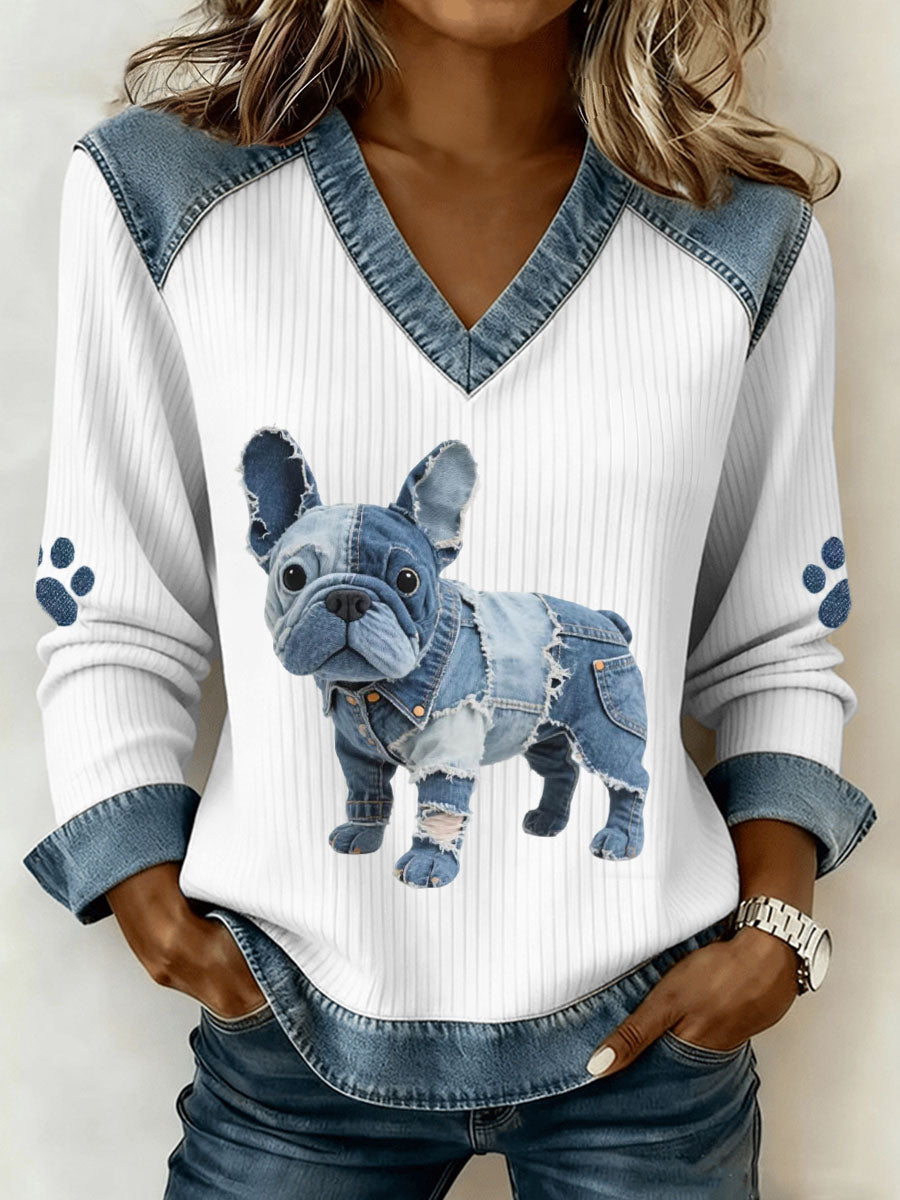 Abril - Top Artístico Denim con Patchwork de Bulldog Francés con Escote en V
