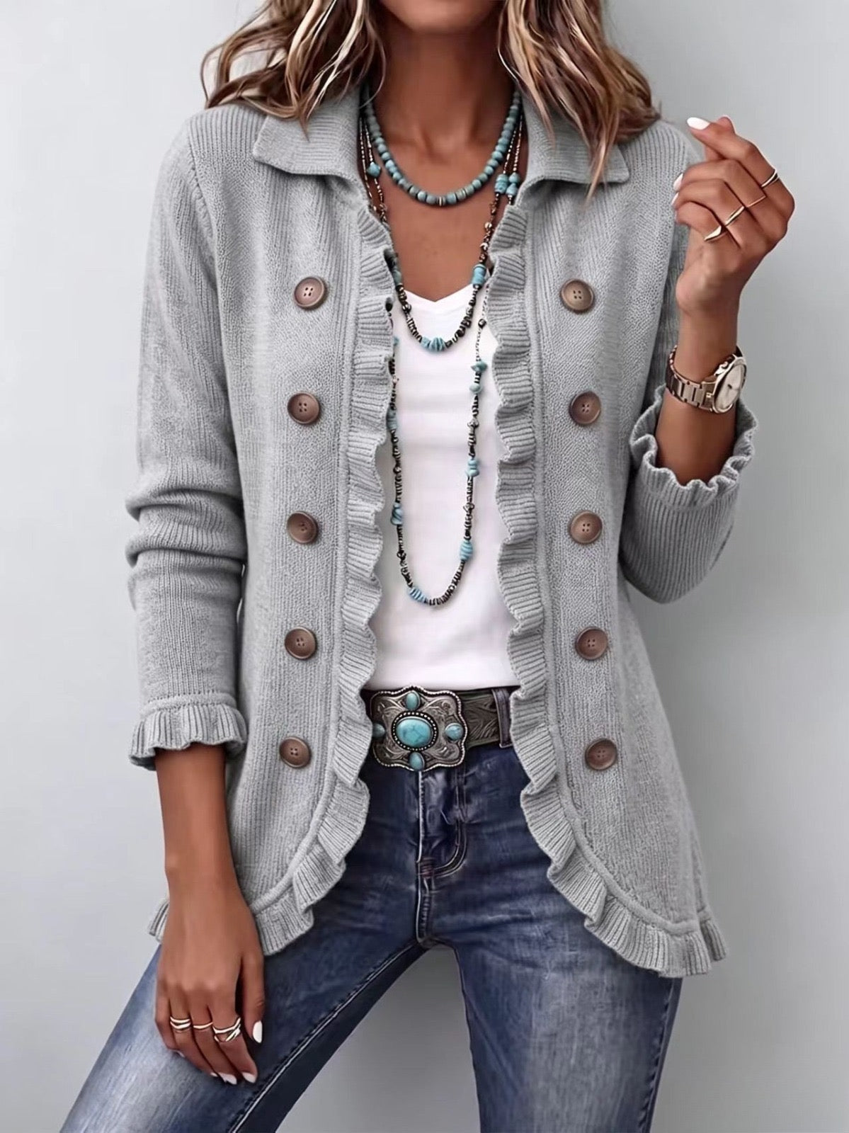 Eloísa - Chaqueta de Punto Gris Jaspeado con Volantes