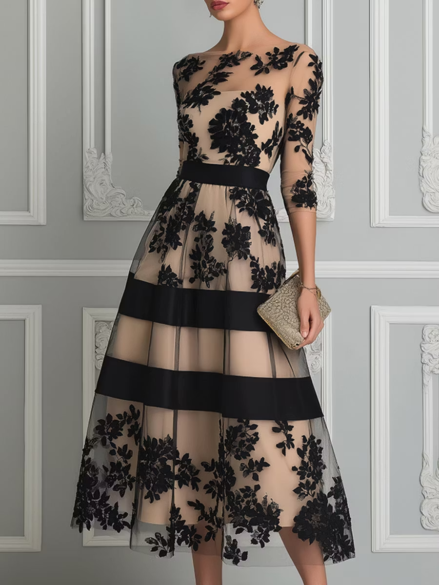 Vestido Midi Elegante con Encaje Negro