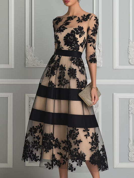 Vestido Midi Elegante con Encaje Negro