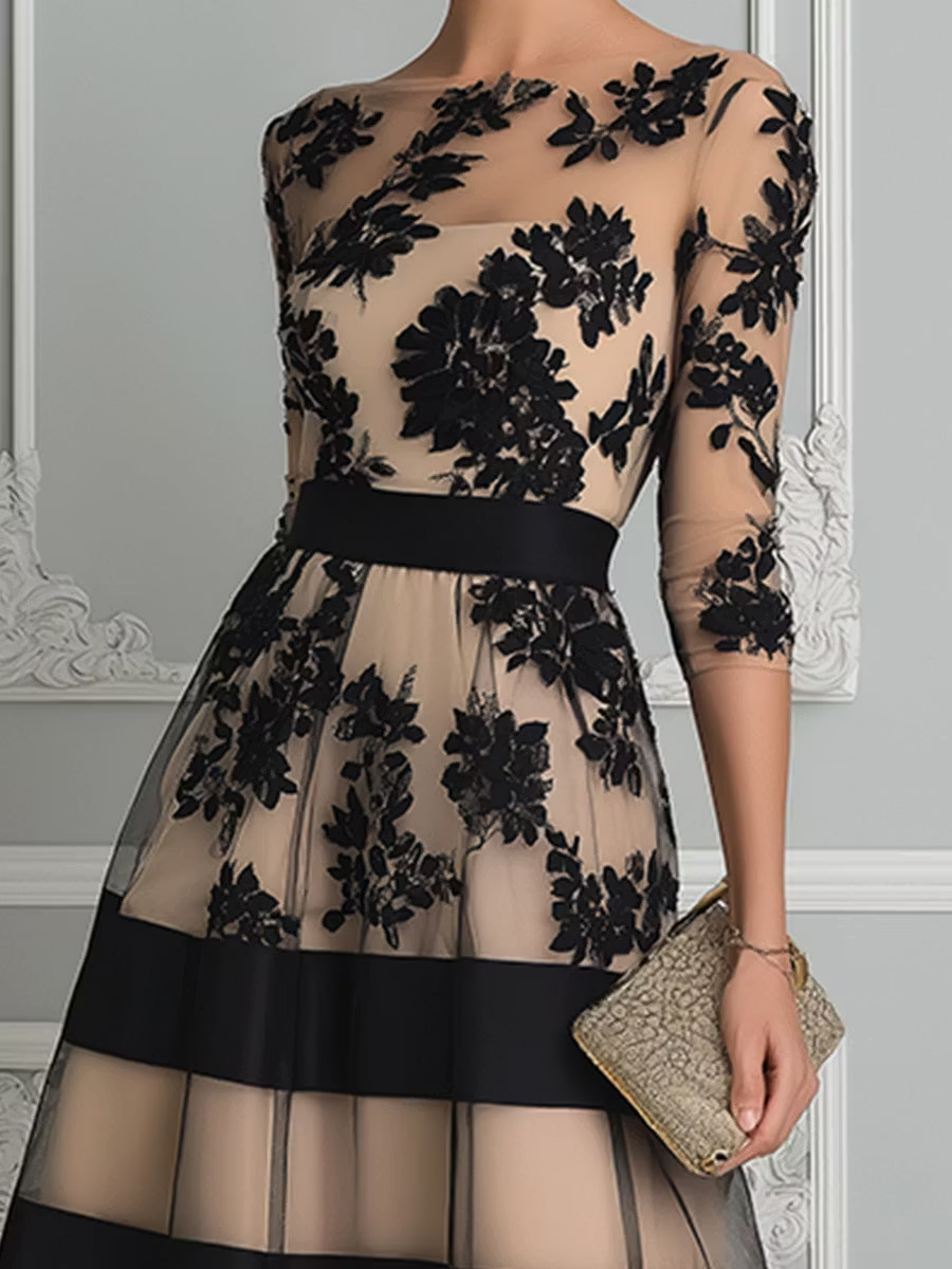 Vestido Midi Elegante con Encaje Negro