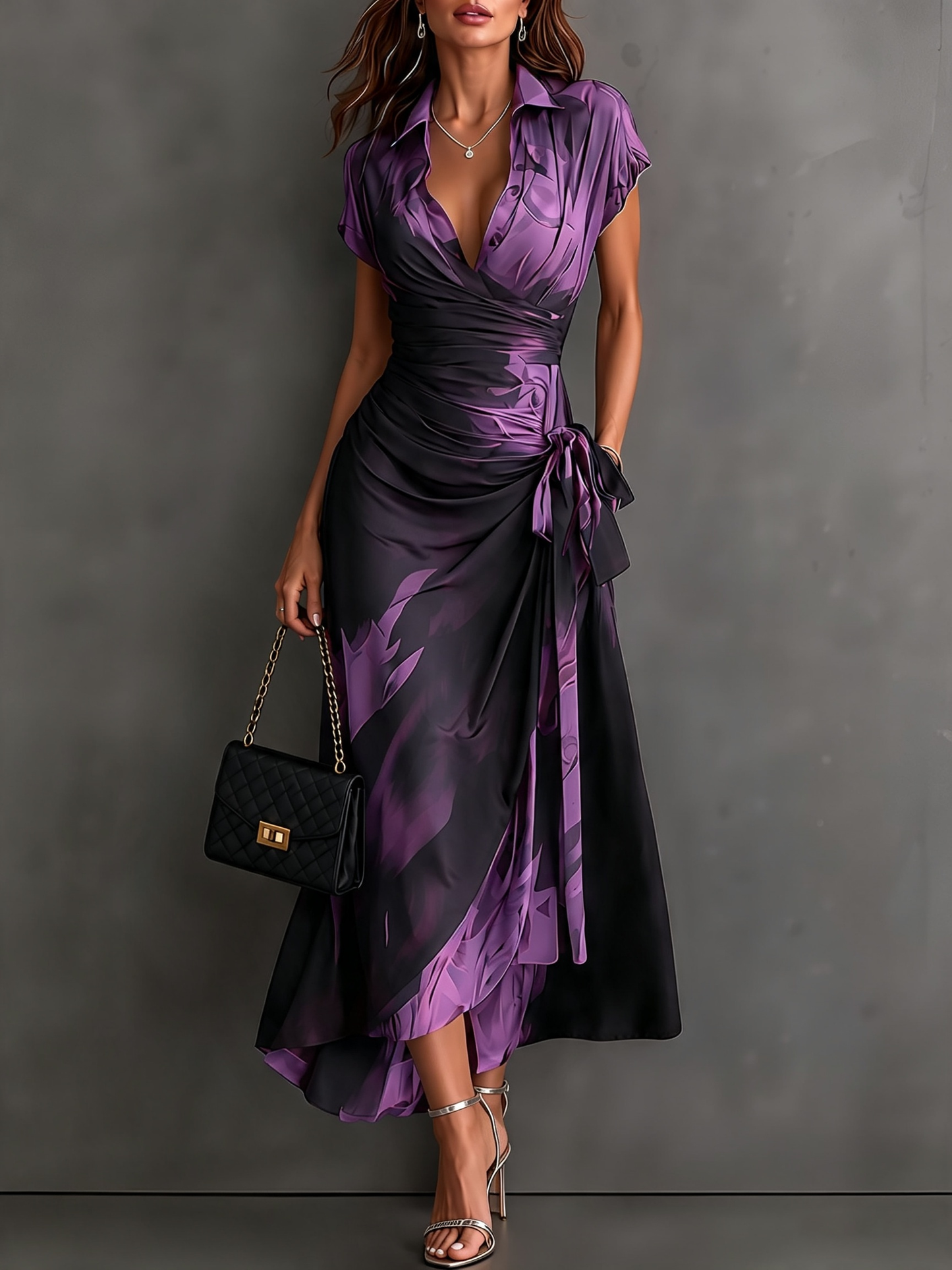 Vestido Midi con Estampado Abstracto y Escote en V
