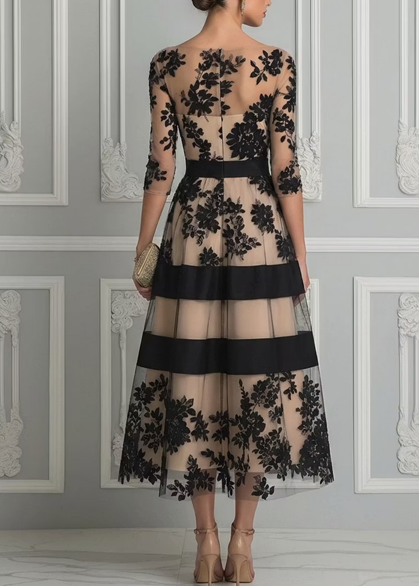 Vestido Midi Elegante con Encaje Negro