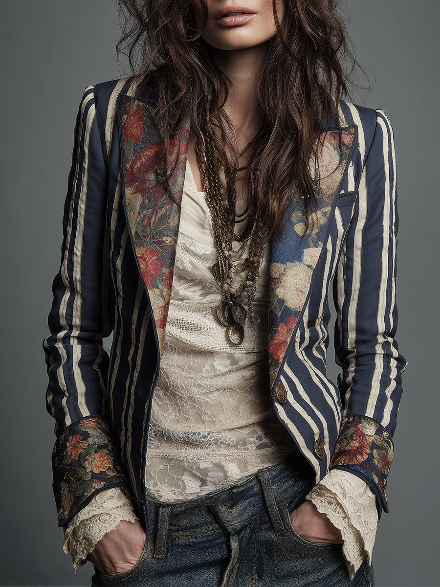 Josefina ⎸ Blazer a Rayas con Estampado Floral Bohemio