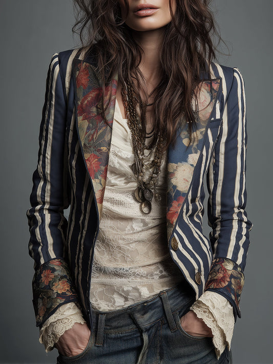 Josefina ⎸ Blazer a Rayas con Estampado Floral Bohemio