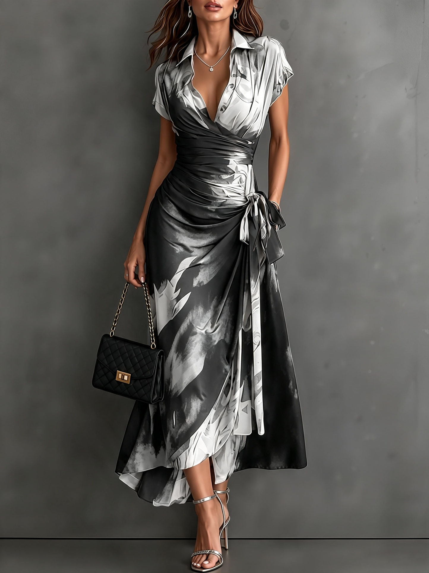 Vestido Midi con Estampado Abstracto y Escote en V