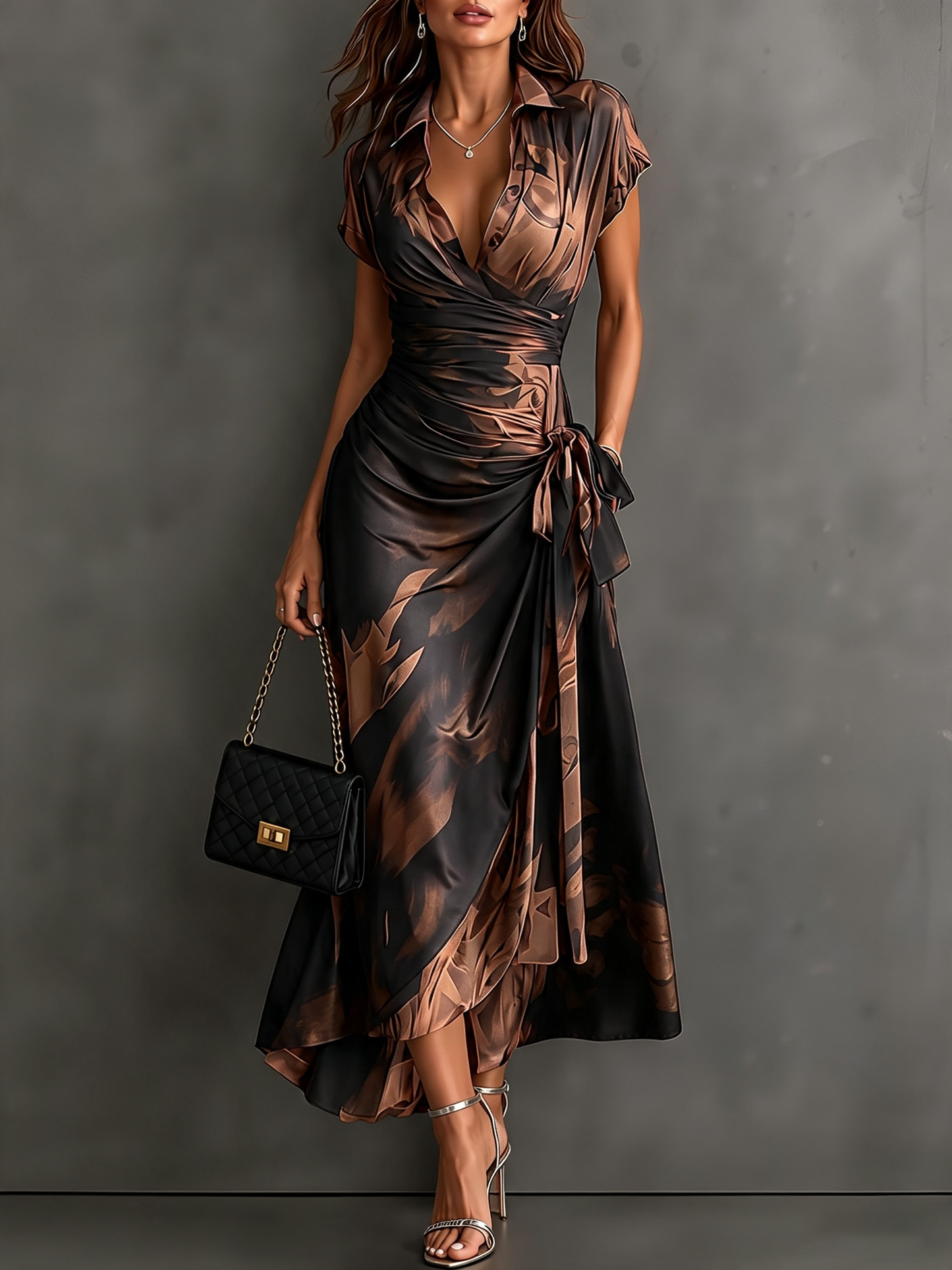 Vestido Midi con Estampado Abstracto y Escote en V