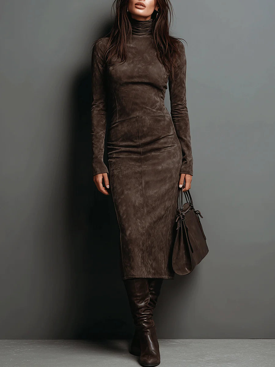 Consuelo - Vestido Midi Marrón de Efecto Ante