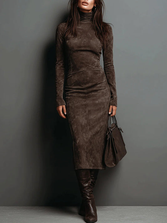 Consuelo - Vestido Midi Marrón de Efecto Ante