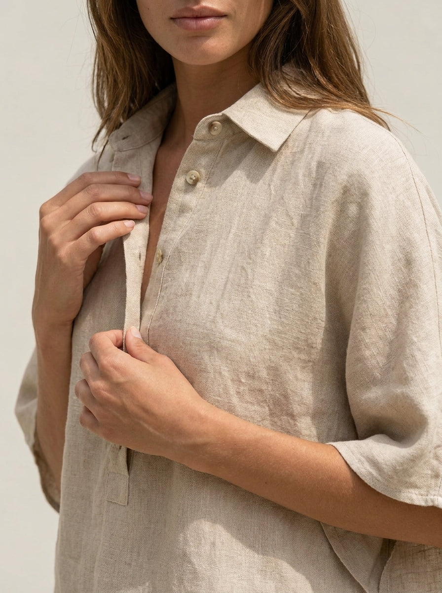 Maribel - Conjunto de Lino con Mangas Murciélago y Pantalón Ancho