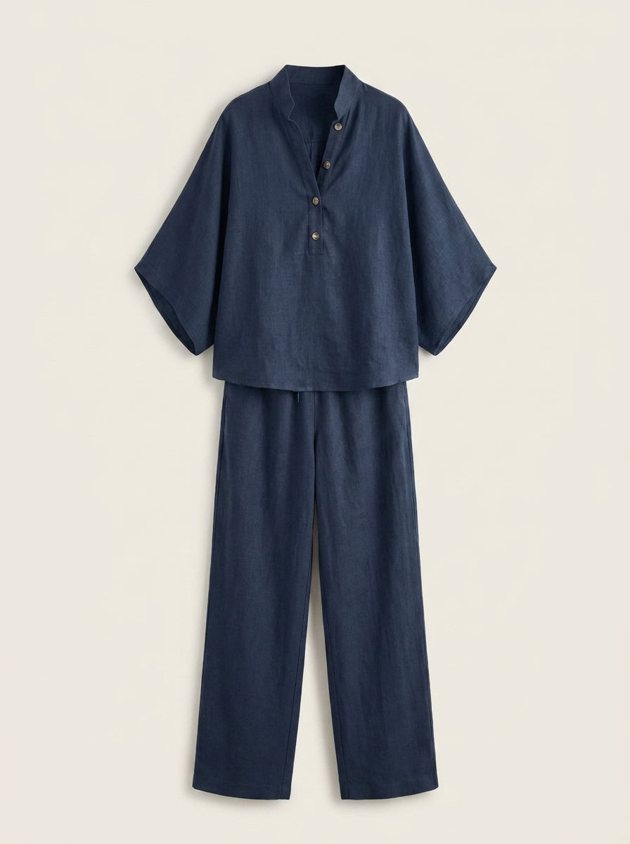 Maribel - Conjunto de Lino con Mangas Murciélago y Pantalón Ancho