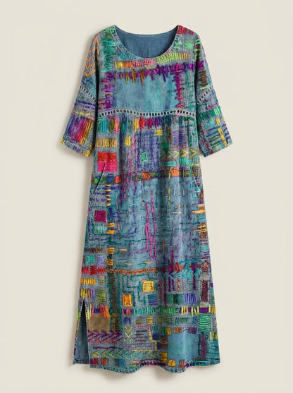Manuela - Vestido Denim con Patchwork Étnico