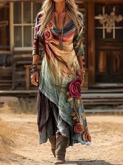 Rosa - Vestido Largo Bohemio con Estampado Floral en Capas