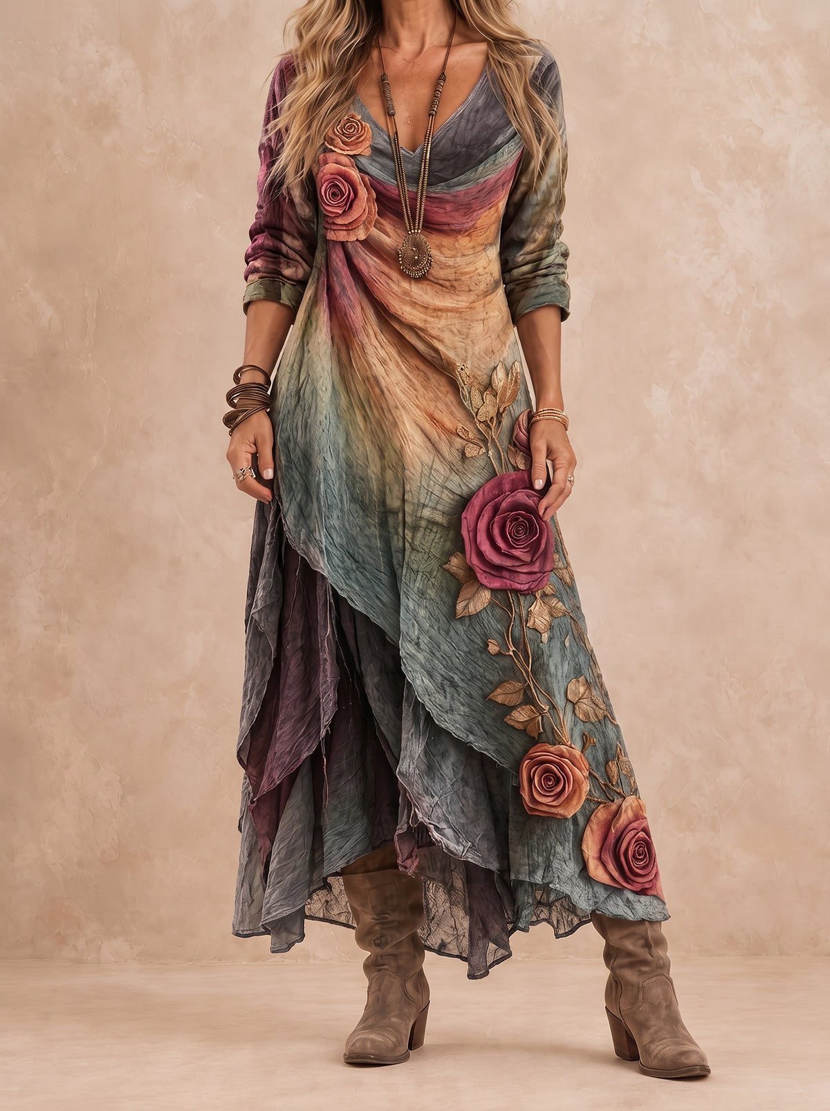 Rosa - Vestido Largo Bohemio con Estampado Floral en Capas