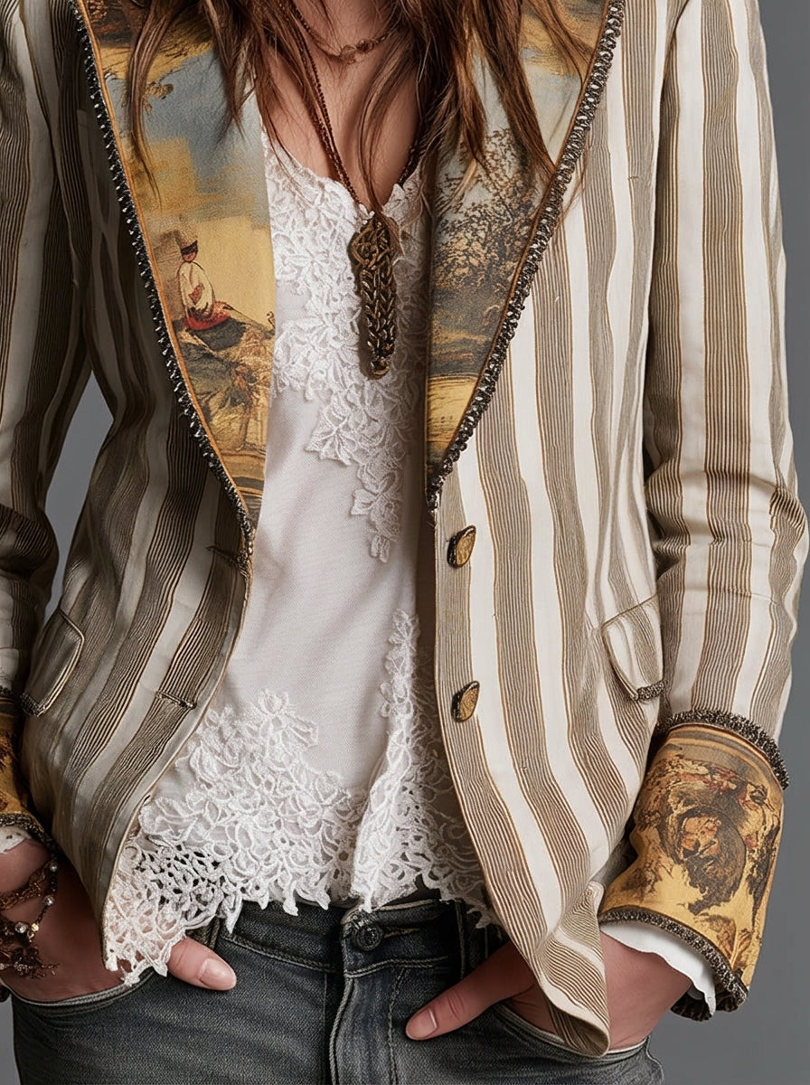 Sara - Blazer Bohemio a Rayas con Cuello Estampado