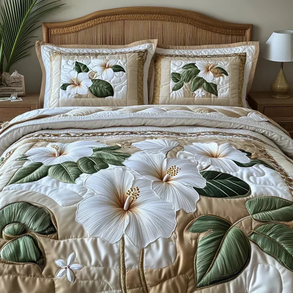 Juego de Cama Acolchado de 3 Piezas - Hibisco Blanco