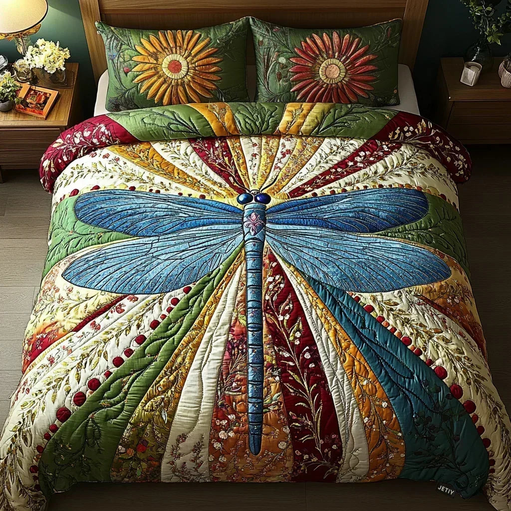 Juego de Cama Acolchado de 3 Piezas - Libélula Dorada