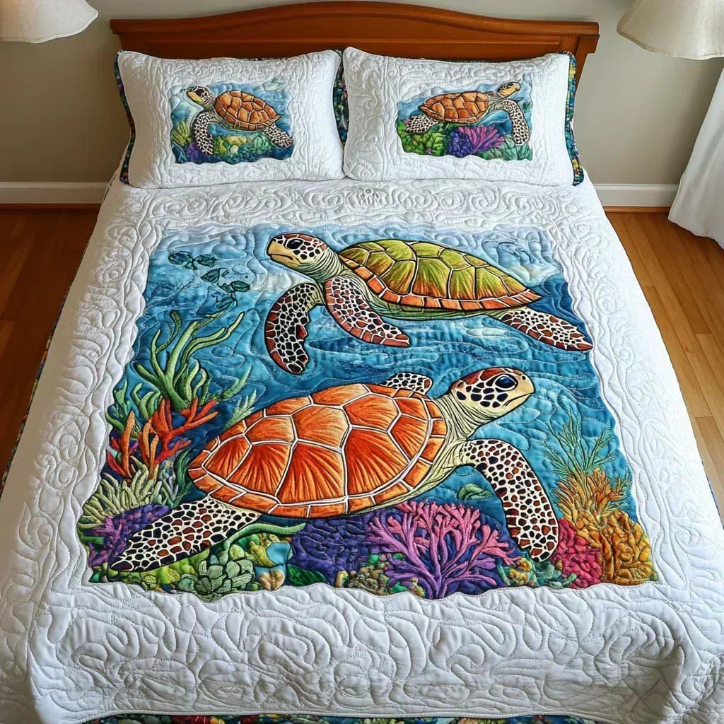 Juego de Cama Acolchado de 3 Piezas - Tortugas Marinas