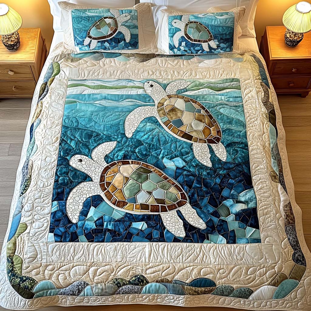 Juego de Cama Acolchado de 3 Piezas - Tortugas Marinas