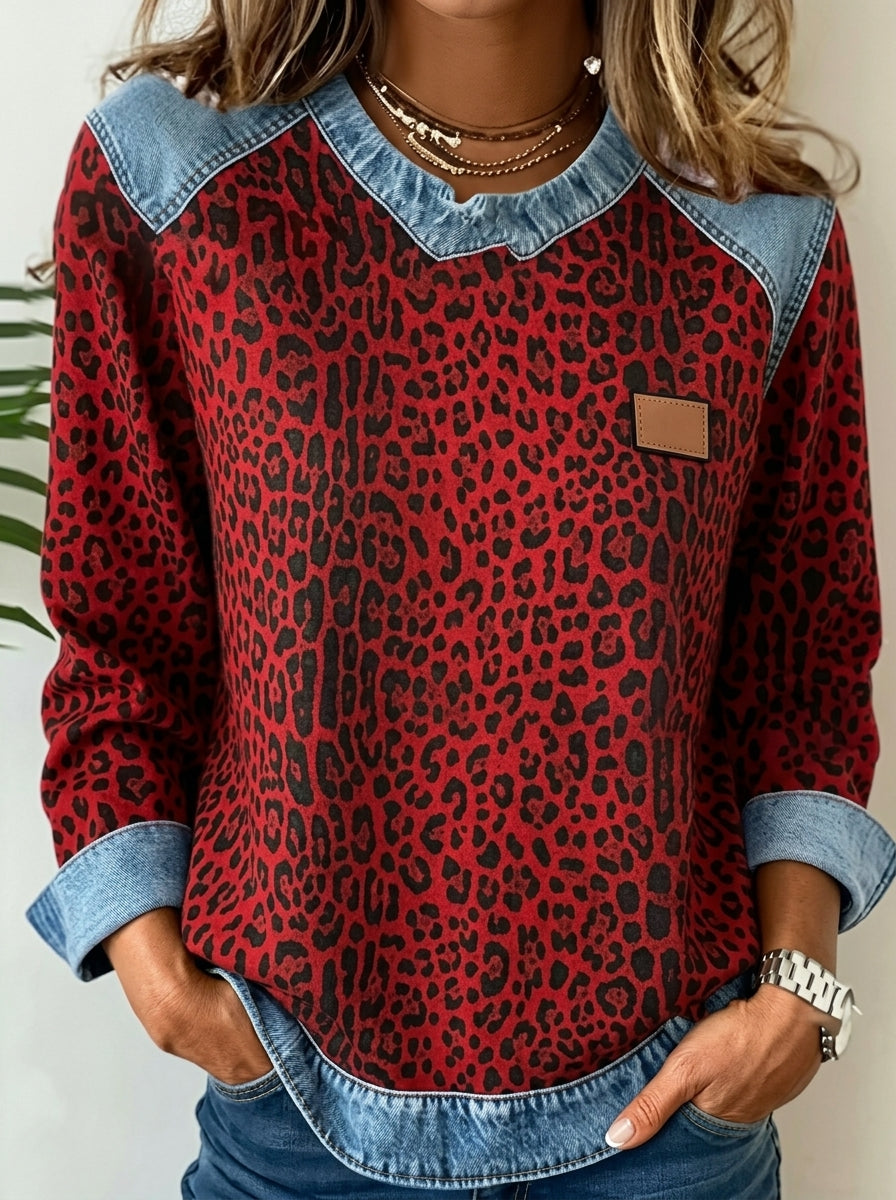 Marta - Jersey con Estampado de Leopardo y Cuello Denim