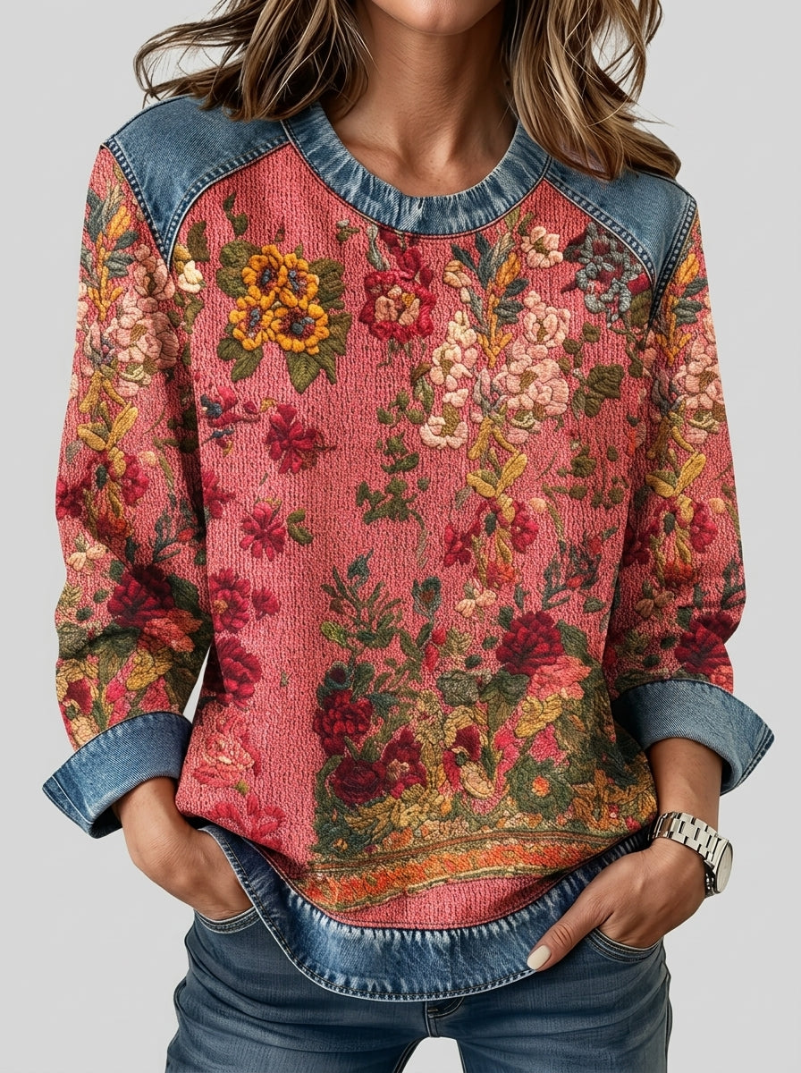 Concha - Sudadera con Estampado Floral y Ribetes Denim