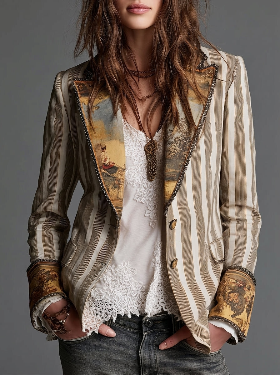 Sara - Blazer Bohemio a Rayas con Cuello Estampado