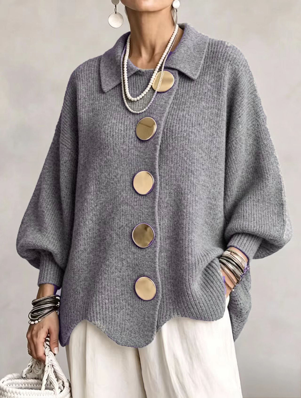 Isadora - Cárdigan con Cuello y Botones Grandes Metálicos