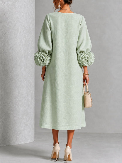 Vestido Midi con Botones de Flores y Mangas Florales Extravagantes