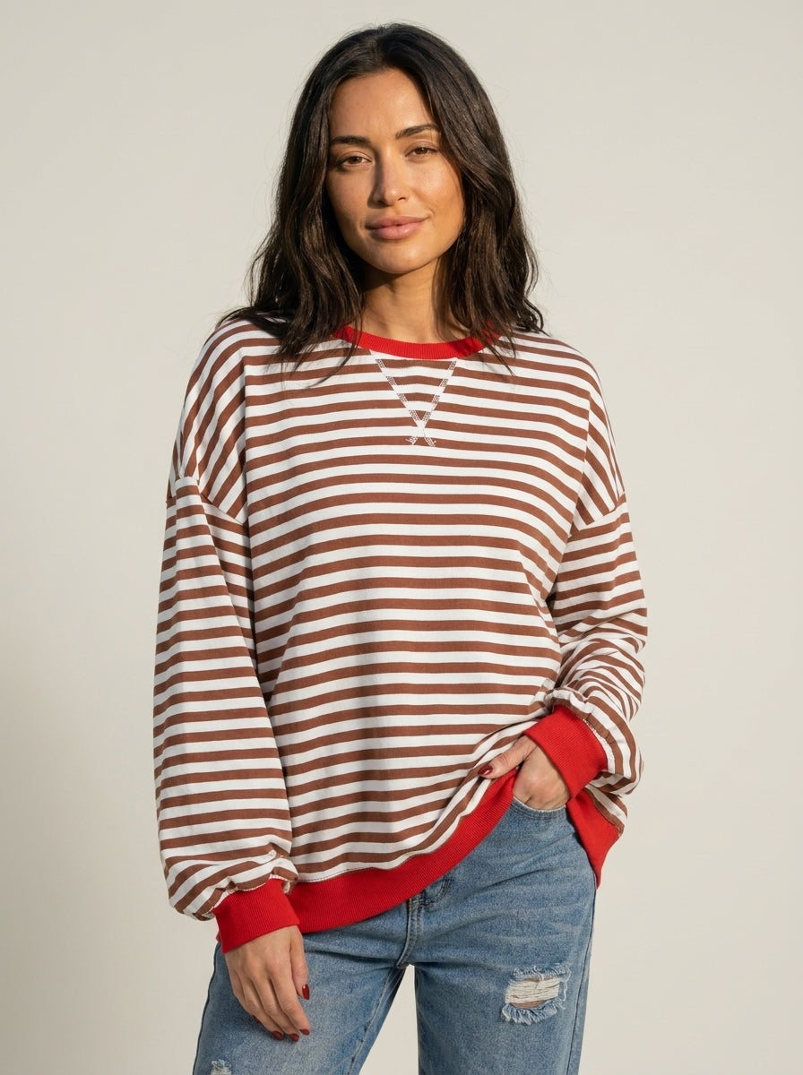 Isabella - Camiseta Manga Larga a Rayas con Cuello Redondo