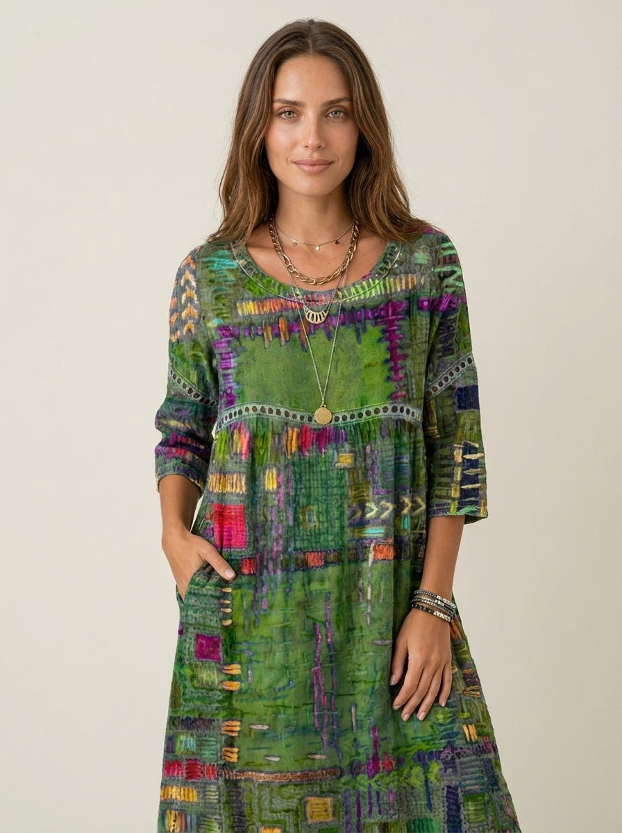 Manuela - Vestido Denim con Patchwork Étnico