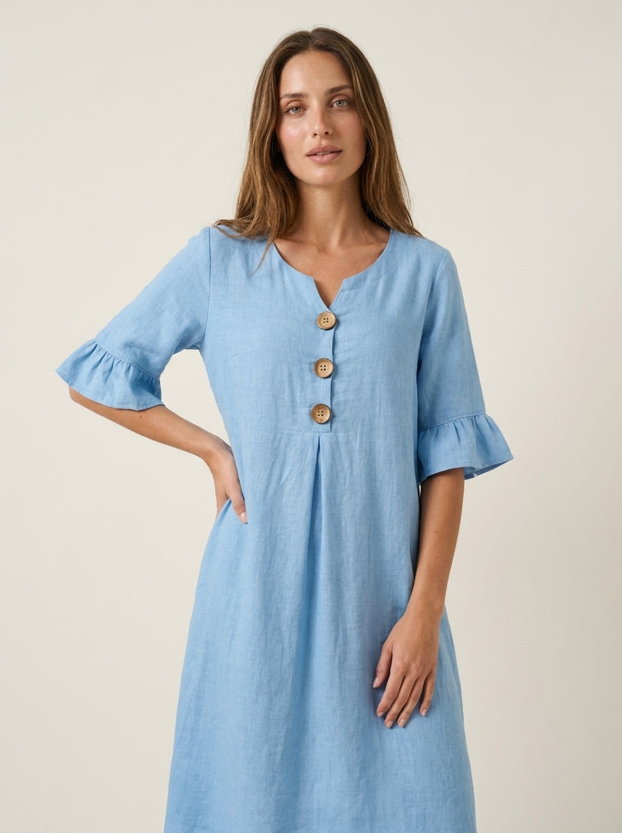 Vanesa - Vestido con Textura de Lino con Manga Abullonada y Botones