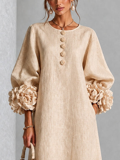 Vestido Midi de Flores con Botones y Mangas Florales Extravagantes