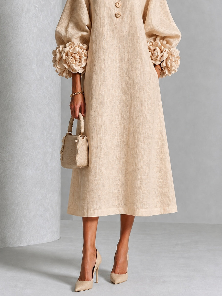 Vestido Midi de Flores con Botones y Mangas Florales Extravagantes