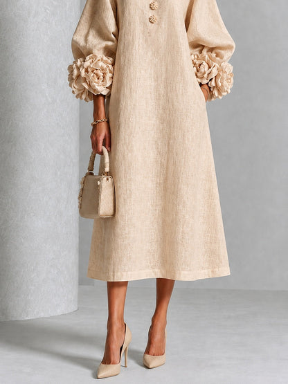 Vestido Midi de Flores con Botones y Mangas Florales Extravagantes
