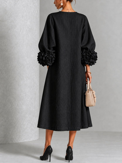 Vestido Midi Negro de Flores con Botones y Mangas Florales Extravagantes