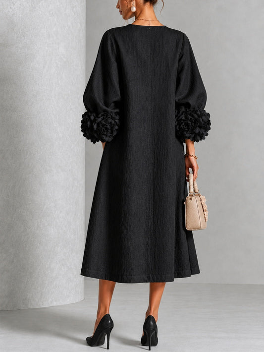 Vestido Midi Negro de Flores con Botones y Mangas Florales Extravagantes
