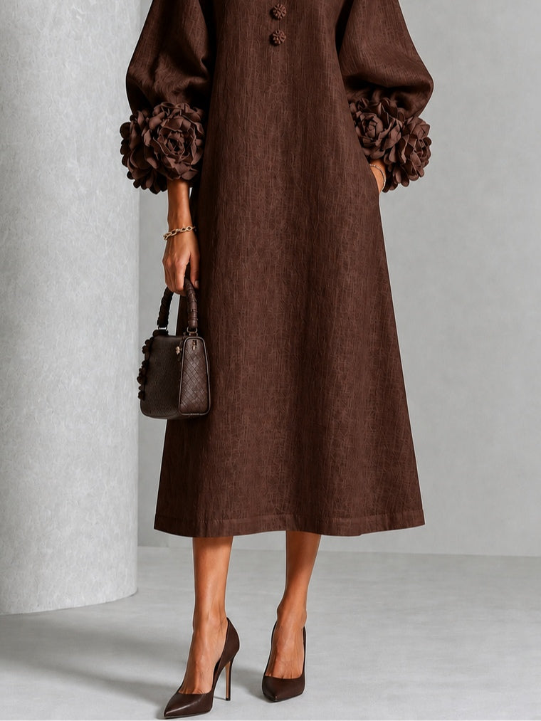 Vestido Midi con Botones de Flores y Mangas Florales Extravagantes