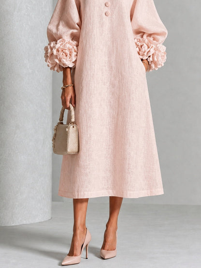 Vestido Midi con Botones de Flores y Mangas Florales Extravagantes