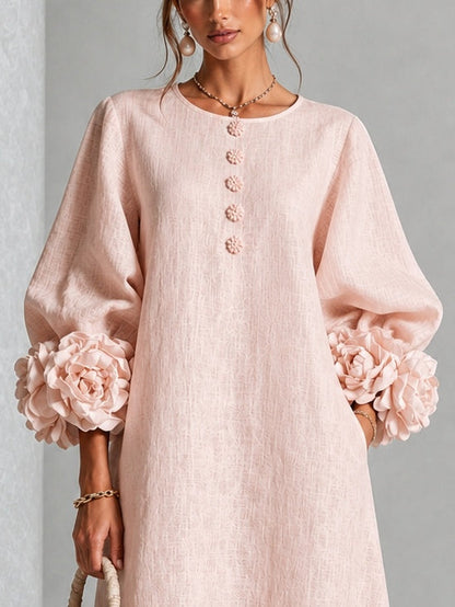 Vestido Midi con Botones de Flores y Mangas Florales Extravagantes