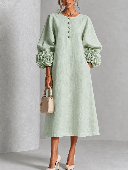 Vestido Midi con Botones de Flores y Mangas Florales Extravagantes