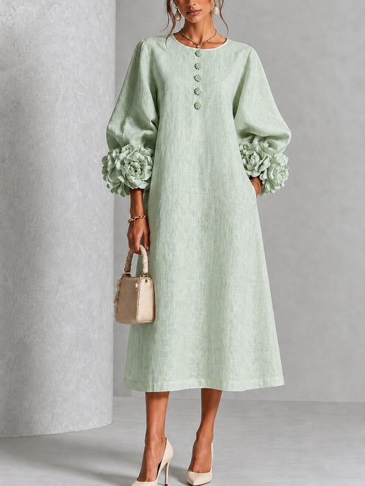 Vestido Midi con Botones de Flores y Mangas Florales Extravagantes