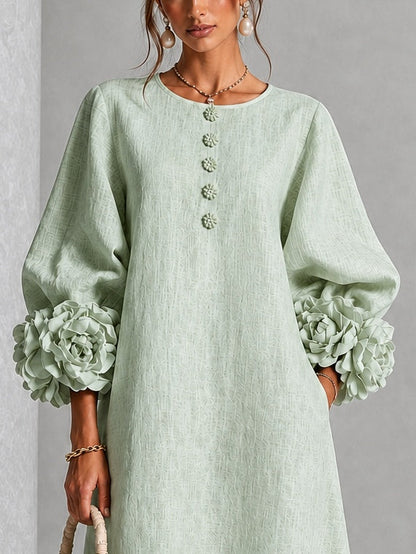 Vestido Midi con Botones de Flores y Mangas Florales Extravagantes