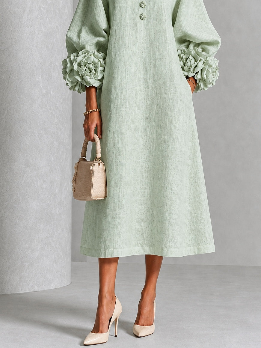 Vestido Midi con Botones de Flores y Mangas Florales Extravagantes