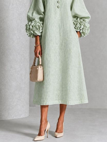 Vestido Midi con Botones de Flores y Mangas Florales Extravagantes