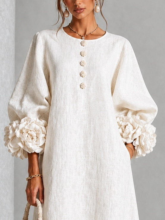 Vestido Midi con Botones de Flores y Mangas con Flores Extravagantes