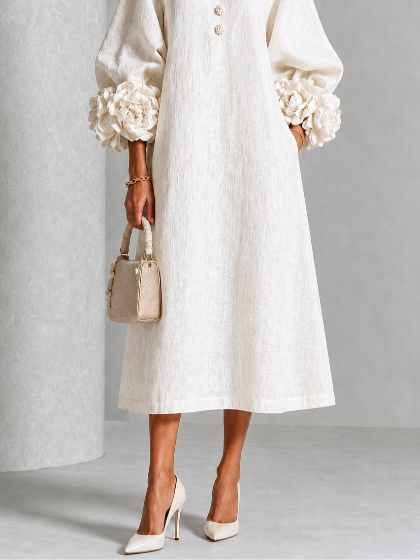 Vestido Midi con Botones de Flores y Mangas con Flores Extravagantes